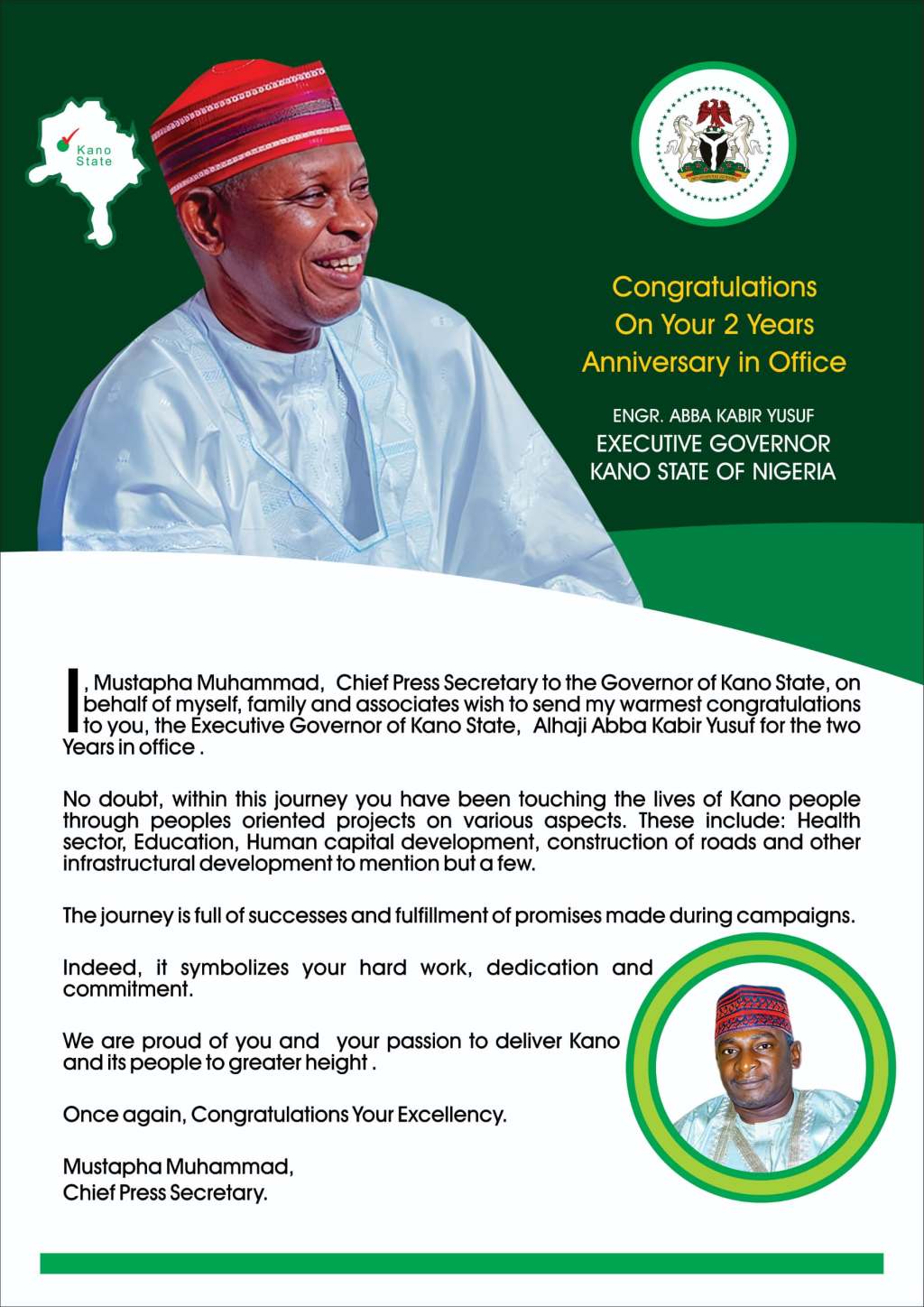 Mustapha Mohammad, Chief Press Secretary, to Kano State Governor,  Salutes Boss on 2 Years&nbsp;Anniversary